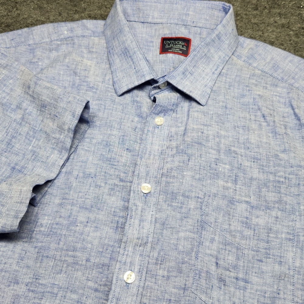 Untuckit Mens Short Sleeve Chambray Denim Blue Linen Button Down Shirt XXL